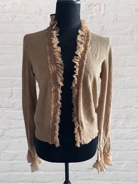 Beth Bowley Tan Ruffle-Trim Knit Cardigan